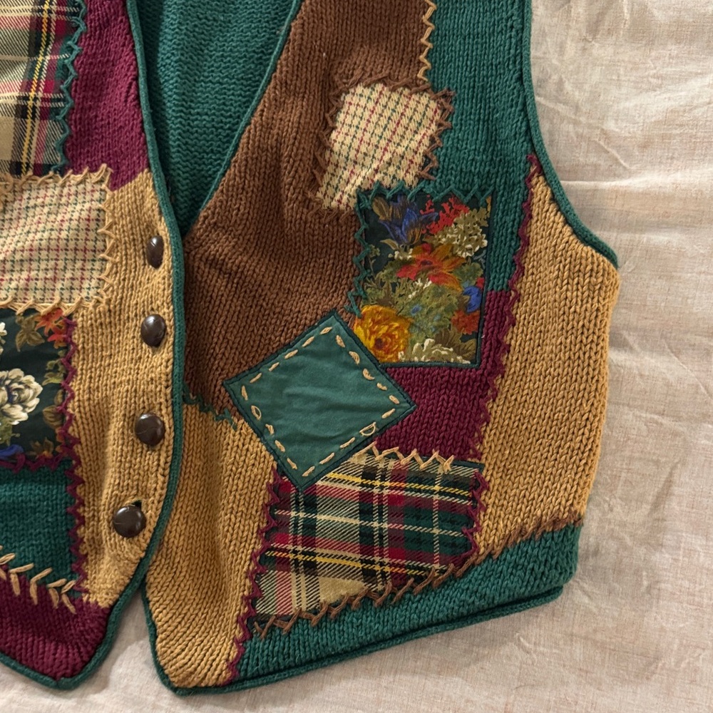 Sharon Young Multicolor Patchwork Quilt/Knit Vest - image 3